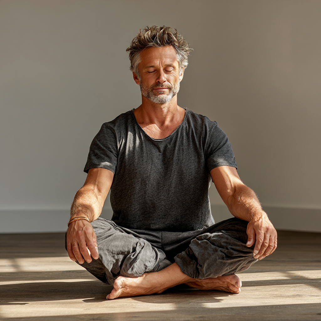 Confident mature man in his early 50s sitting in lotus yoga pose on wooden floor in bright studio, wearing comfortable gray athletic clothes, demonstrating proper meditation posture with calm facial expression and relaxed shoulders
