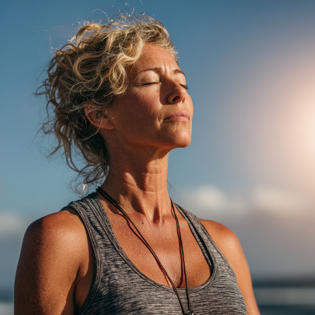 Peaceful middle-aged woman in her late 40s practicing yoga meditation pose outdoors in natural sunlight, wearing comfortable athletic wear, demonstrating mindfulness and inner calm